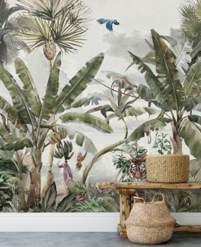 Green tropical rainforest jungle trees and green bushes with tigers and birds wallpaper