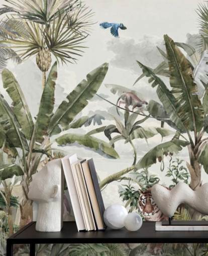 Papier peint : forêt tropicale humide verte, arbres de la jungle et buissons verts avec tigres et oiseaux