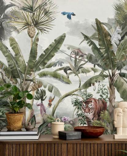 Green tropical rainforest jungle trees and green bushes with tigers and birds wallpaper