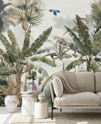 Fondo de pantalla verde de selva tropical, árboles selváticos y arbustos verdes con tigres y pájaros Fondo de pantalla verde de selva tropical, árboles selváticos y arbustos verdes con tigres y pájaros