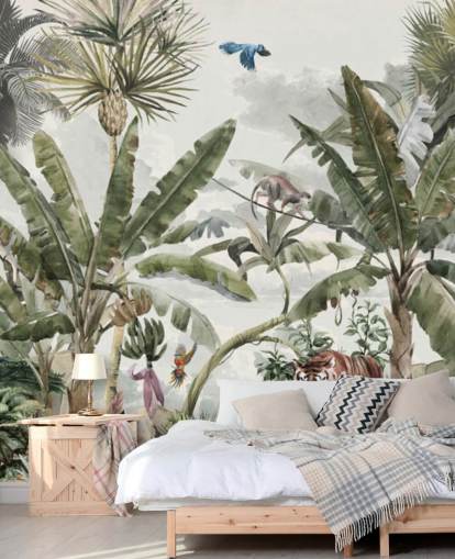 Gröna tropiska regnskog djungelträd och gröna buskar med tigrar och fåglar tapeter