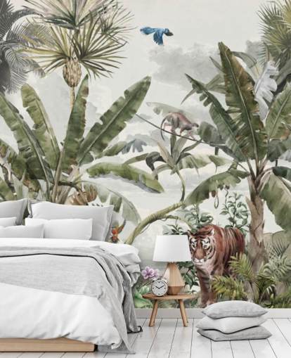 Grøn tropisk regnskov jungle træer og grønne buske med tigre og fugle tapet Grøn tropisk regnskov jungle træer og grønne buske med tigre og fugle tapet