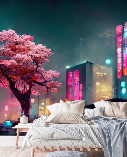 mural de parede de anime personalizável rosa, azul e laranja chamado Neon Fantasy Japan at Night para quartos