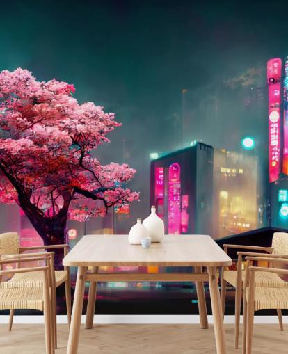 pink, blue and orange customisable anime wall mural called Neon Fantasy Japan at Night for bedrooms pink, blue and orange customisable anime wall mural called Neon Fantasy Japan at Night for bedrooms