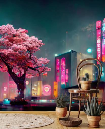 Personalisierbares Anime-Wandbild Neon Fantasy Japan at Night in Rosa, Blau und Orange für Schlafzimmer