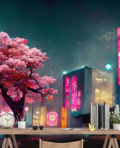 lyserød, blå og orange tilpasselig anime vægmaleri kaldet Neon Fantasy Japan at Night til soveværelser lyserød, blå og orange tilpasselig anime vægmaleri kaldet Neon Fantasy Japan at Night til soveværelser