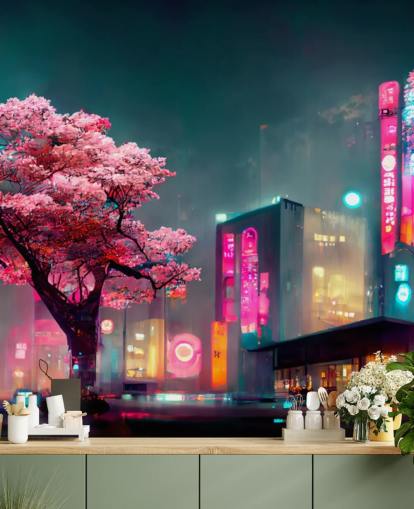 mural de parede de anime personalizável rosa, azul e laranja chamado Neon Fantasy Japan at Night para quartos