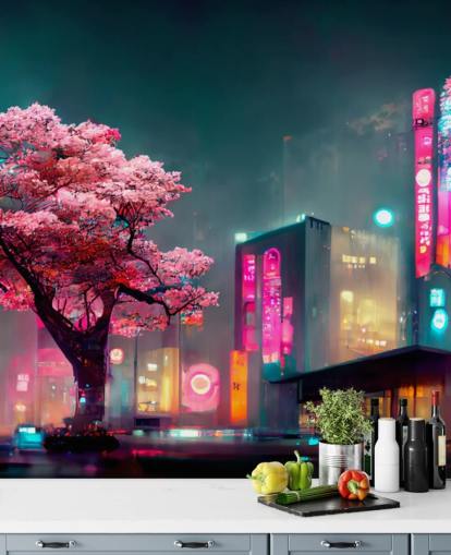 pink, blue and orange customizable anime wall mural called Neon Fantasy Japan at Night for bedrooms pink, blue and orange customizable anime wall mural called Neon Fantasy Japan at Night for bedrooms