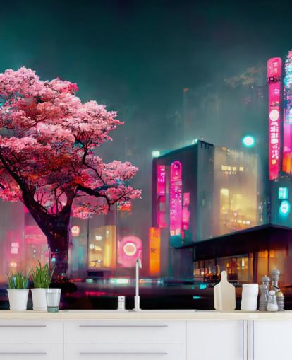 murale anime personalizzabile rosa, blu e arancione chiamato Neon Fantasy Japan at Night per camere da letto