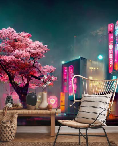 mural de parede de anime personalizável rosa, azul e laranja chamado Neon Fantasy Japan at Night para quartos mural de parede de anime personalizável rosa, azul e laranja chamado Neon Fantasy Japan at Night para quartos