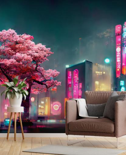 mural de pared de anime personalizable rosa, azul y naranja llamado Neon Fantasy Japan at Night para dormitorios