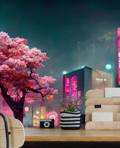 rosa, blå og oransje tilpassbar anime veggmaleri kalt Neon Fantasy Japan at Night for soverom