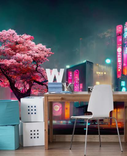 lyserød, blå og orange tilpasselig anime vægmaleri kaldet Neon Fantasy Japan at Night til soveværelser lyserød, blå og orange tilpasselig anime vægmaleri kaldet Neon Fantasy Japan at Night til soveværelser