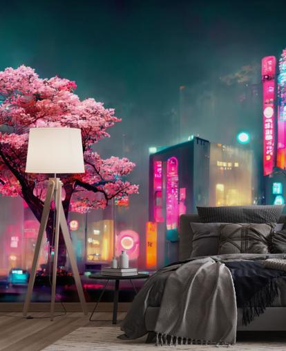 murale anime personalizzabile rosa, blu e arancione chiamato Neon Fantasy Japan at Night per camere da letto murale anime personalizzabile rosa, blu e arancione chiamato Neon Fantasy Japan at Night per camere da letto