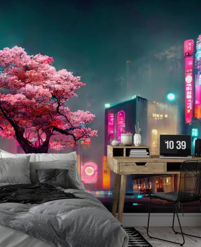 roze, blauwe en oranje aanpasbare anime muurschildering genaamd Neon Fantasy Japan at Night voor slaapkamers