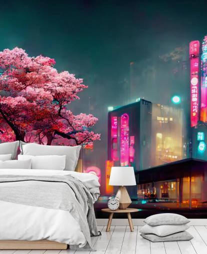 mural de pared de anime personalizable rosa, azul y naranja llamado Neon Fantasy Japan at Night para dormitorios