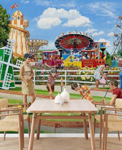 Colourful fairground with a family playing crazy golf