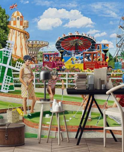 Colourful fairground with a family playing crazy golf