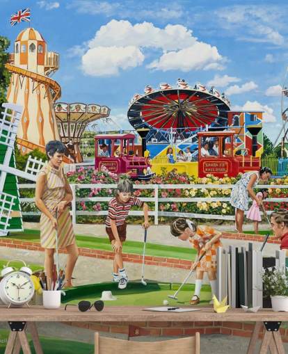 Fiera colorata con una famiglia che gioca a minigolf