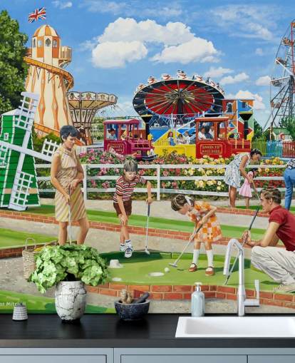 Colorido recinto ferial con una familia jugando al loco golf