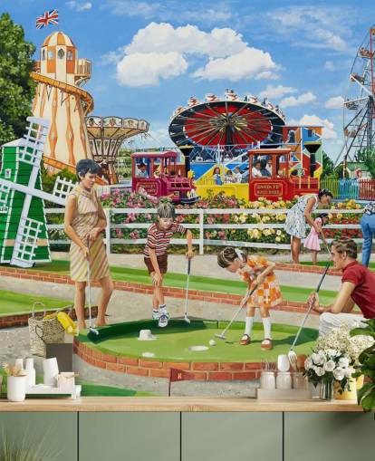 Färgglada nöjesfält med en familj som spelar galen golf