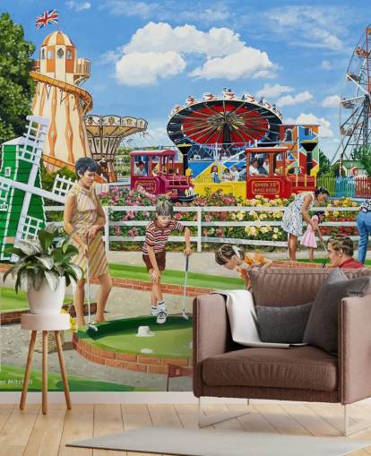 Un champ de foire coloré avec une famille jouant au golf