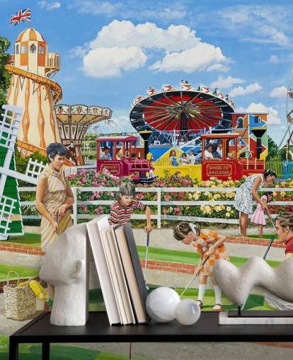 Colourful fairground with a family playing crazy golf