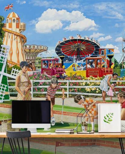 Colourful fairground with a family playing crazy golf