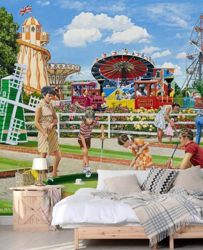 Parque de diversões colorido com uma família jogando golfe louco Parque de diversões colorido com uma família jogando golfe louco