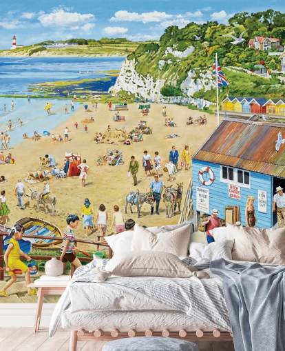 Retro beach scene with ablue boat hut, golden sands and a blue sea
