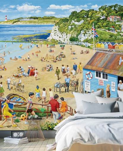 Retro beach scene with ablue boat hut, golden sands and a blue sea Retro beach scene with ablue boat hut, golden sands and a blue sea