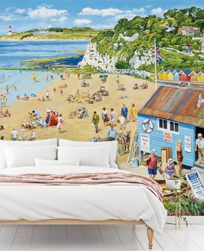 Retro strandscene med blå båthytte, gylden sand og et blått hav