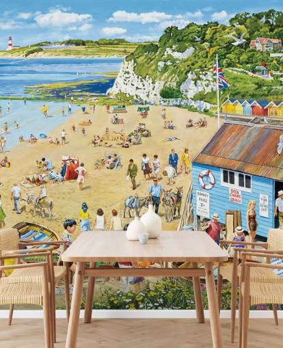 Retro strandscene med blå bådhytte, gyldent sand og et blåt hav