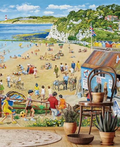 Retro beach scene with ablue boat hut, golden sands and a blue sea
