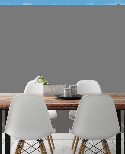 Cena de praia retrô com uma cabana de barco azul, areias douradas e um mar azul