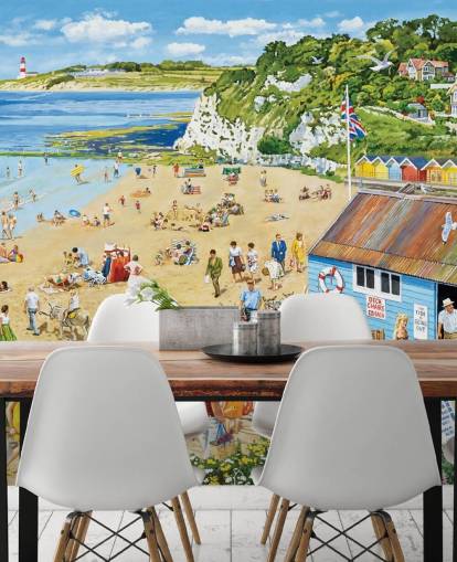 Retro strandscene med blå båthytte, gylden sand og et blått hav