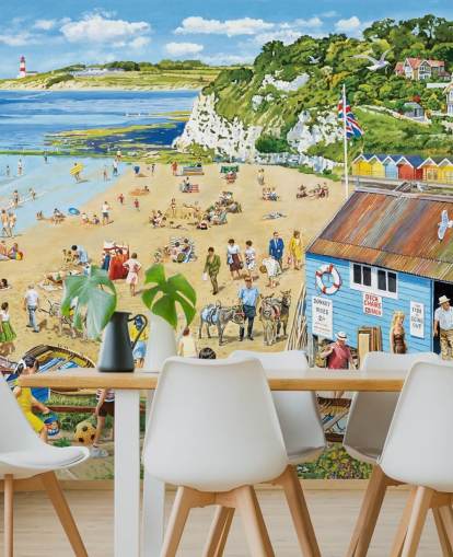 Retro strandscene med blå båthytte, gylden sand og et blått hav