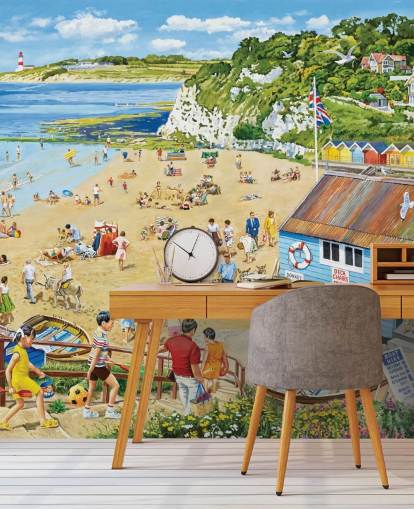 Retro strandscen med blå båtstuga, gyllene sand och ett blått hav Retro strandscen med blå båtstuga, gyllene sand och ett blått hav