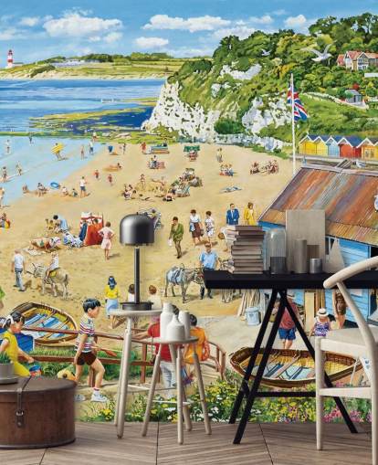 Retro strandscene med blå båthytte, gylden sand og et blått hav