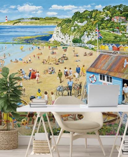 Retro strandscene med blå båthytte, gylden sand og et blått hav Retro strandscene med blå båthytte, gylden sand og et blått hav