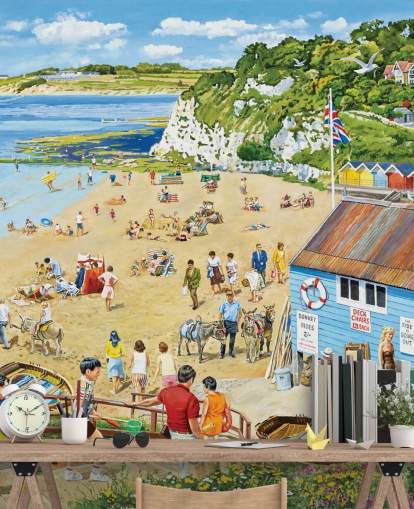 Retro strandscene med blå båthytte, gylden sand og et blått hav