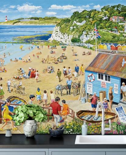 Retro strandscene med blå bådhytte, gyldent sand og et blåt hav