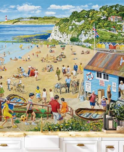 Retro beach scene with ablue boat hut, golden sands and a blue sea