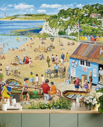 Retro strandscene med blå bådhytte, gyldent sand og et blåt hav