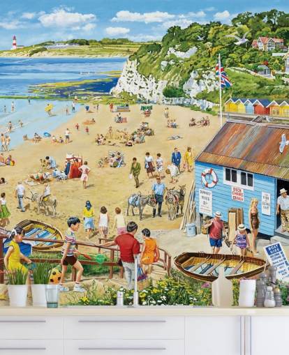 Retro strandscene med blå bådhytte, gyldent sand og et blåt hav