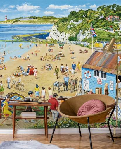 Retro beach scene with ablue boat hut, golden sands and a blue sea