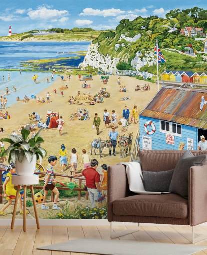 Retro beach scene with ablue boat hut, golden sands and a blue sea Retro beach scene with ablue boat hut, golden sands and a blue sea