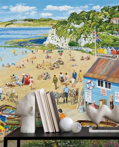 Retro beach scene with ablue boat hut, golden sands and a blue sea