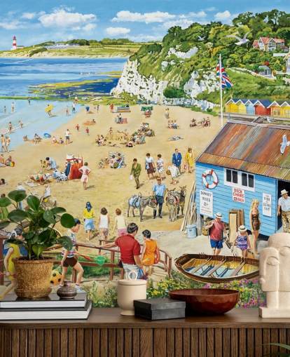 Retro beach scene with ablue boat hut, golden sands and a blue sea