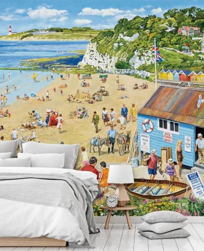 Retro beach scene with ablue boat hut, golden sands and a blue sea